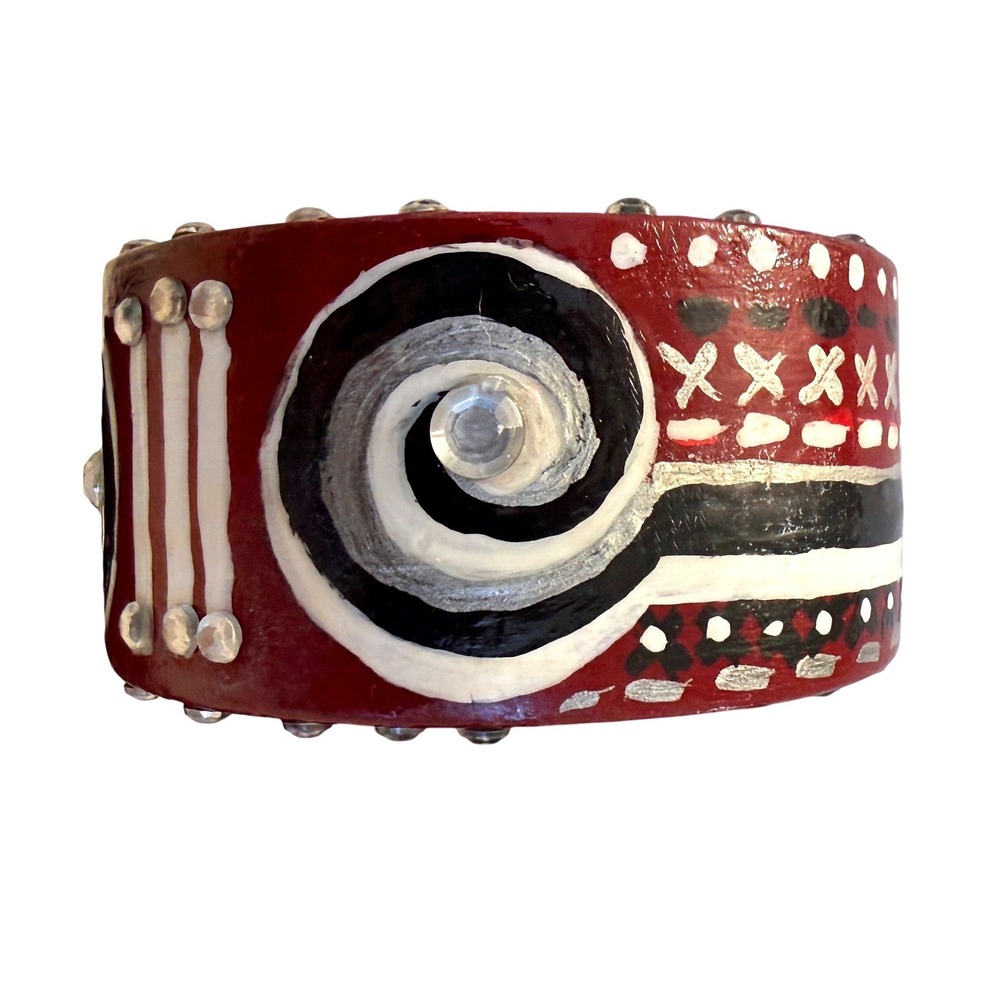 VTG Hand Painted Artisan Bangle Cuff Bracelet Wooden Women Red Maximalist Boho